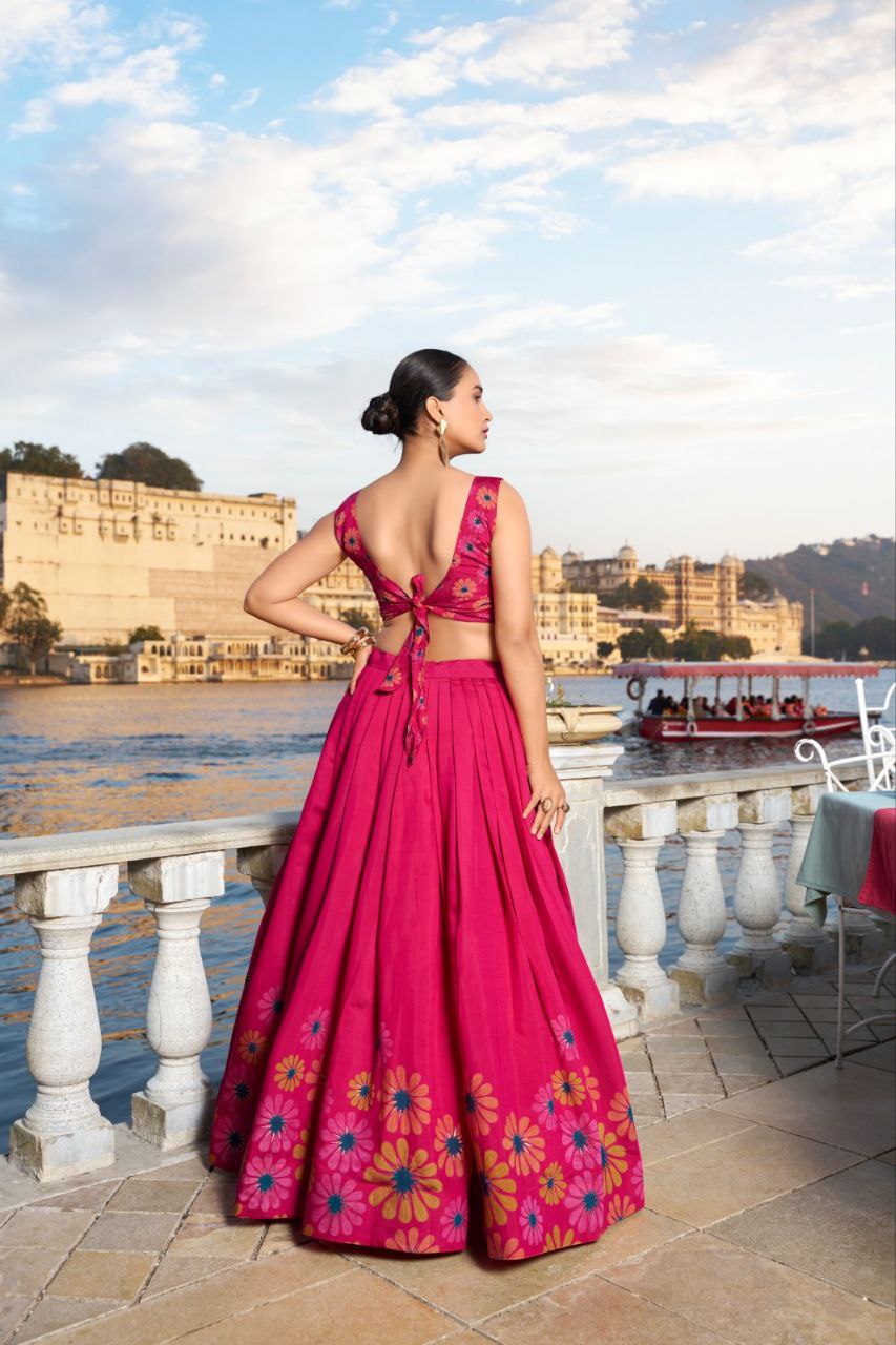 Tusser silk Floral Print With Foil Work Pink lehenga choli