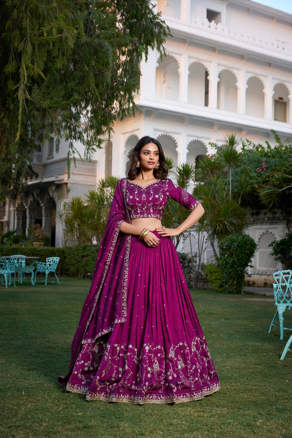 Beautiful Designer Wine Vichitra Silk  Lehenga Choli
