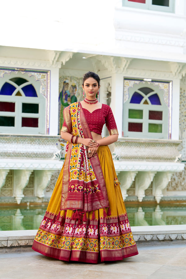 Yellow Color Tussar Silk Potala Printed Lehenga Choli