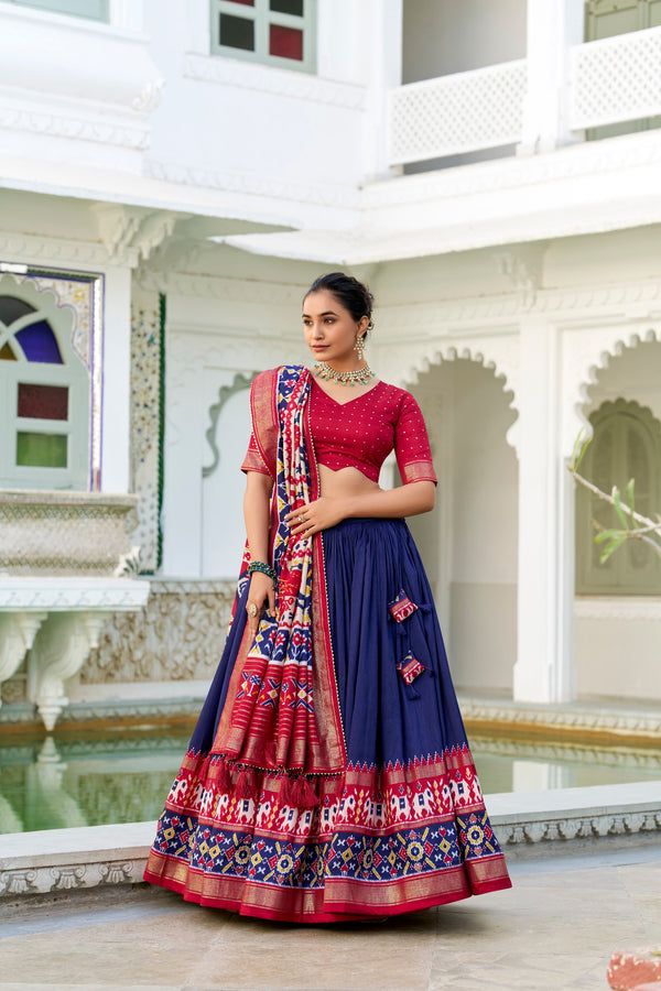 Blue Color Tussar Silk Potala Printed Lehenga Choli