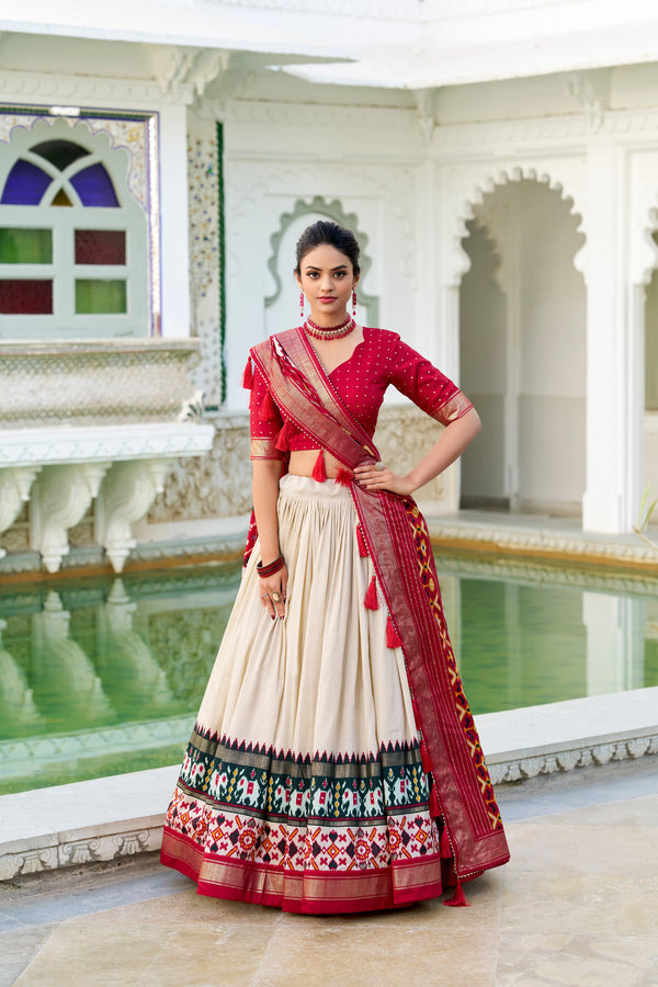 Off White Color Tussar Silk Potala Printed Lehenga Choli