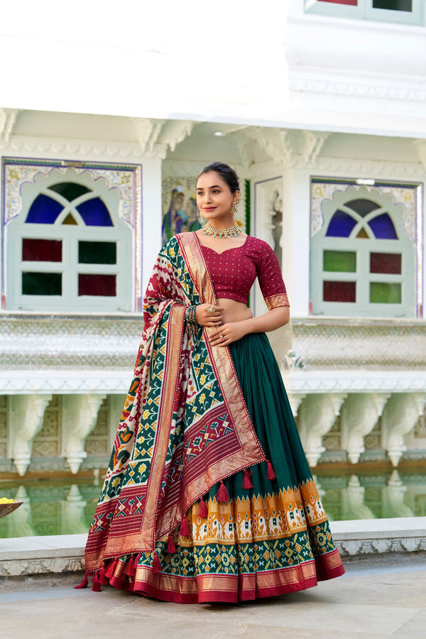 Green Color Tussar Silk Potala Printed Lehenga Choli
