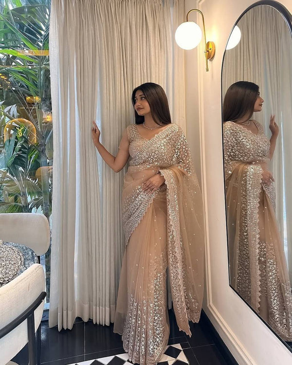 GOLDEN SOFT NET BEAUTIFUL DESIGNER SAREE