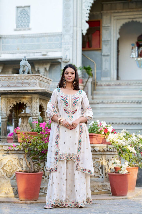 White Color Vichitra Silk Three Piece Sharara Suit