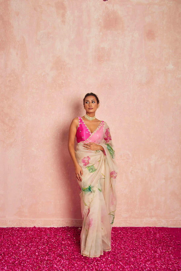 BEIGE COLOR ORGANZA SILK SAREE WITH BLOUSE